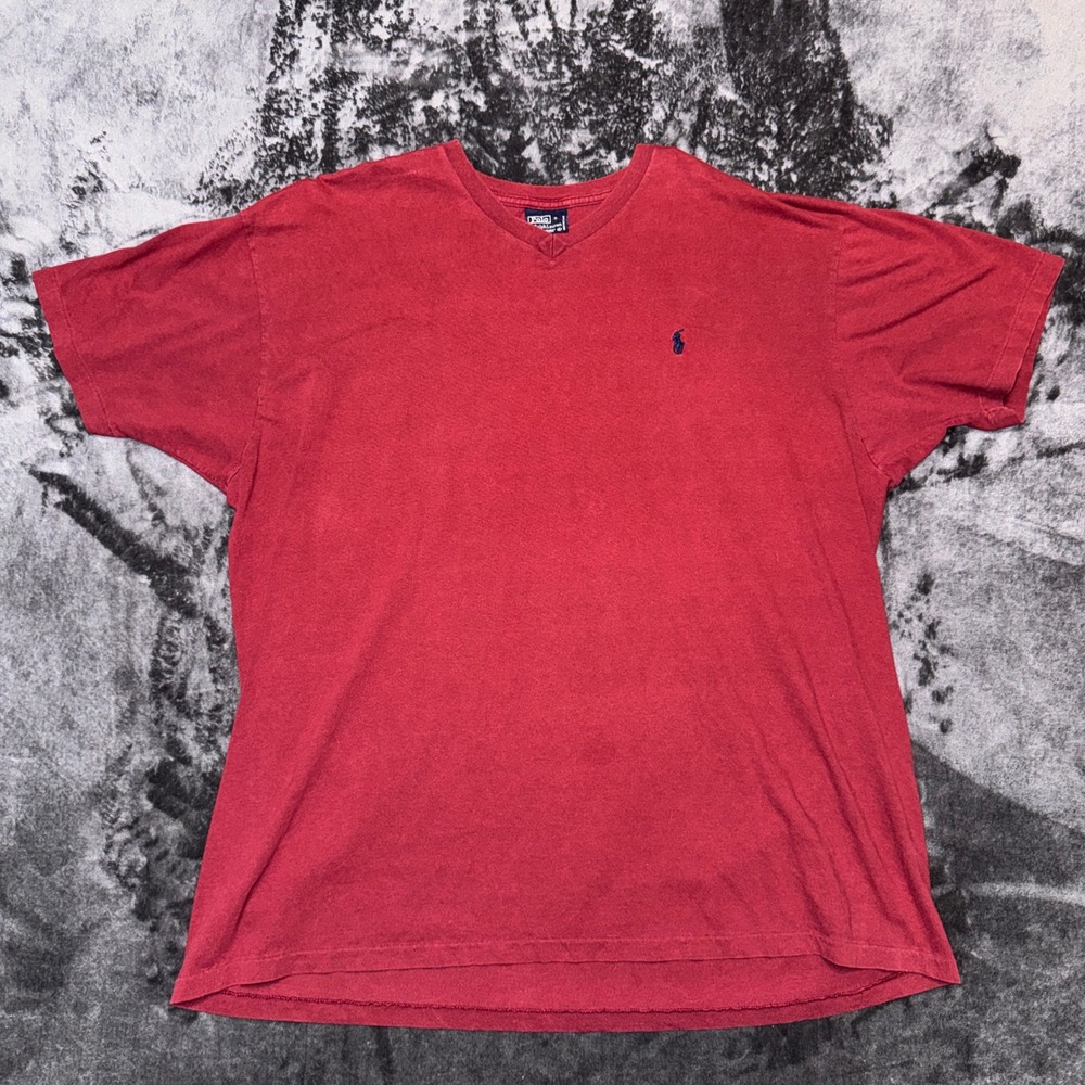 Polo Ralph Lauren Mens XL V-Neck T-Shirt Red Short Sleeve Navy Blue Pony Logo
